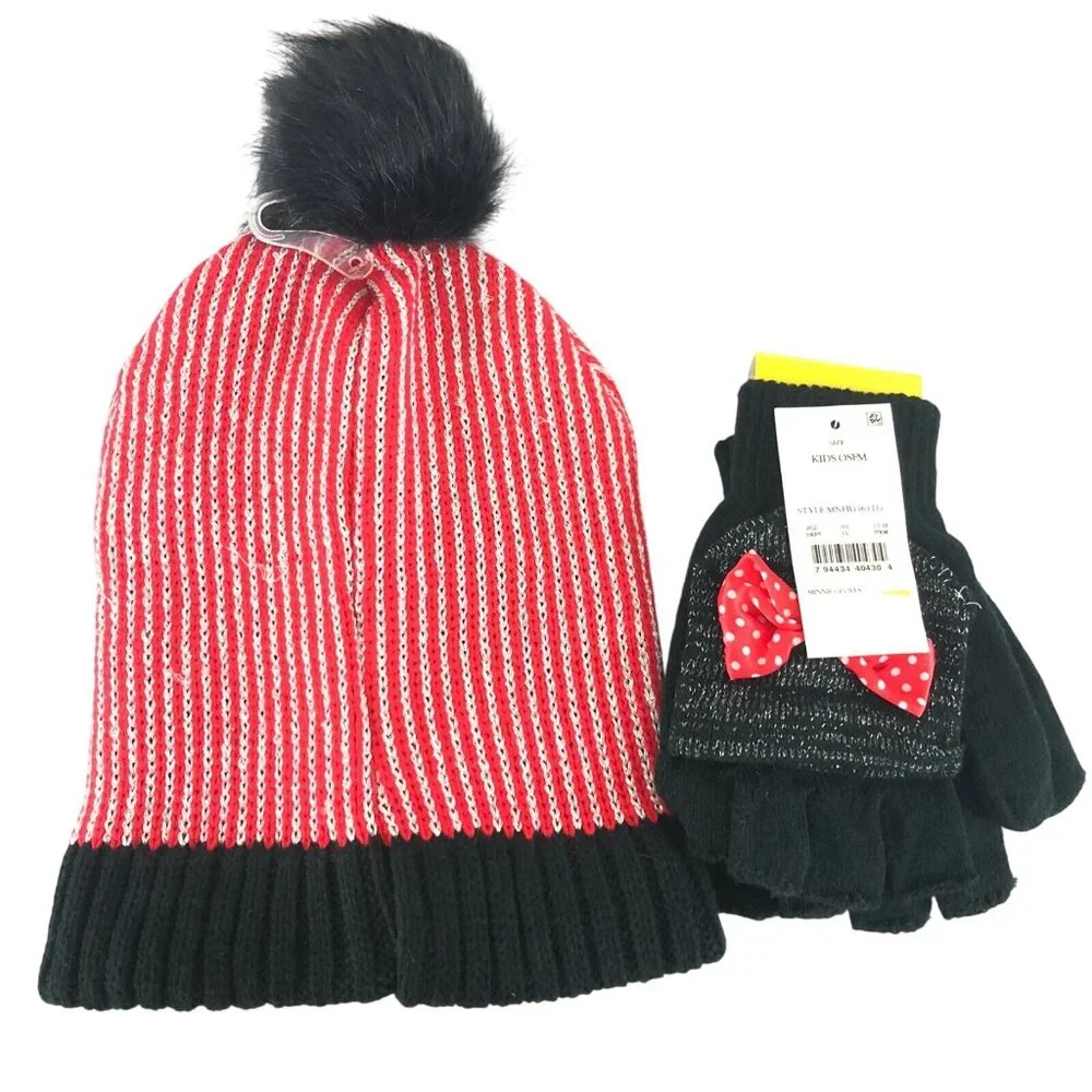Disney Minnie Mouse Kids Girls Beanie Hat Flip Top Gloves Set Pom Black Red Bow